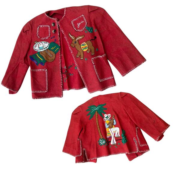 Vintage 1940s Mexican Hand Embroidered Red Wool Jacket | kids 7 year old - - Picture 1 of 5